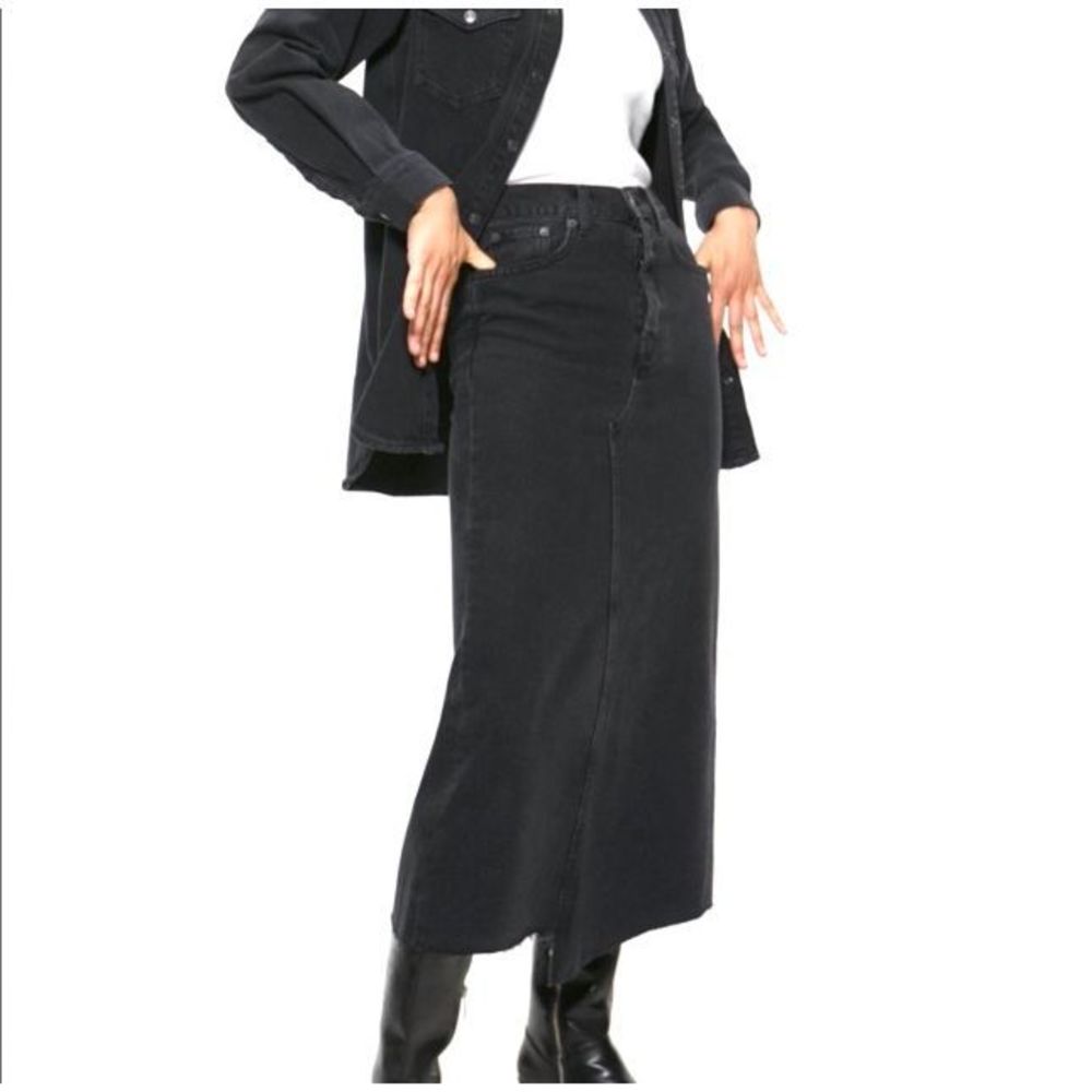 Zara Women's Raw Hem Flat Front Back Slit Denim Midi Skirt Arctic Coal Medium